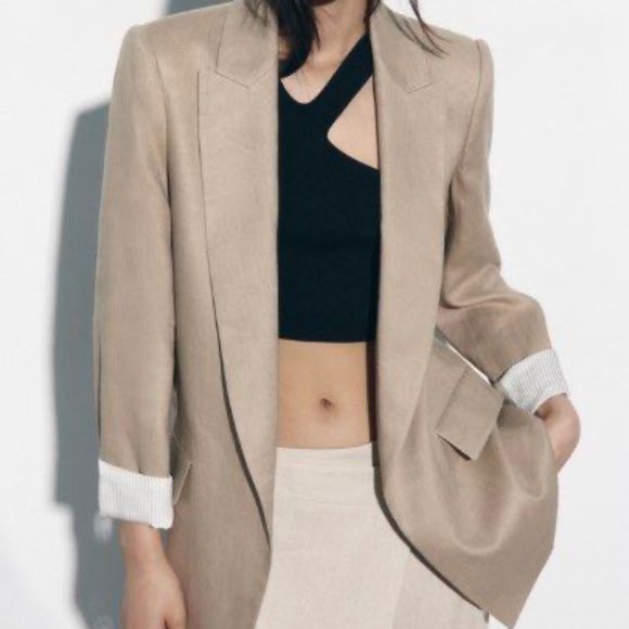 ZARA Khaki Blazer with Rolled-Up Sleeves Size Medium - Picture 2 of 6